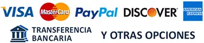 Visa, Mastercard, PayPal, Discover, transferencia bancaria y otras opciones
